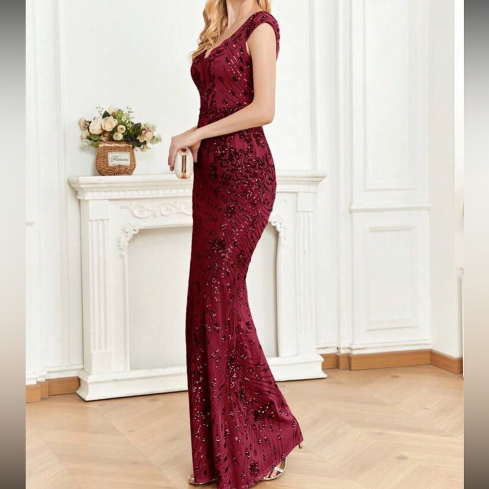Luxe V neck sequin formal evening party dress - Picture 6 of 7